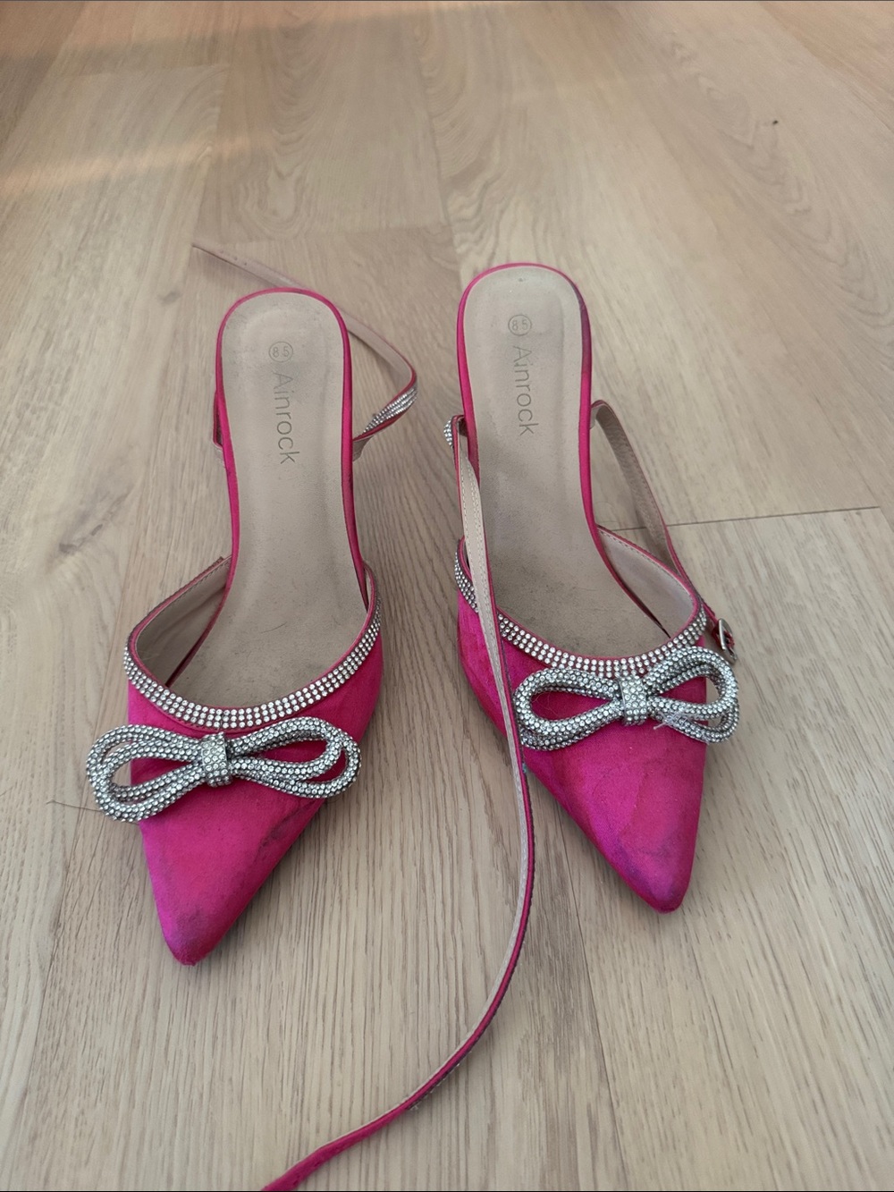 Pink Rhinestone Bow Pointed-Toe Slingback Heels